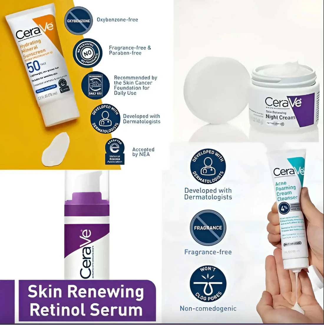 CeraVe 4 In 1 Skincare Kit Night Cream Retinol Serum Acne Foaming Cream Cleanser Hydrating Mineral Sunscreen